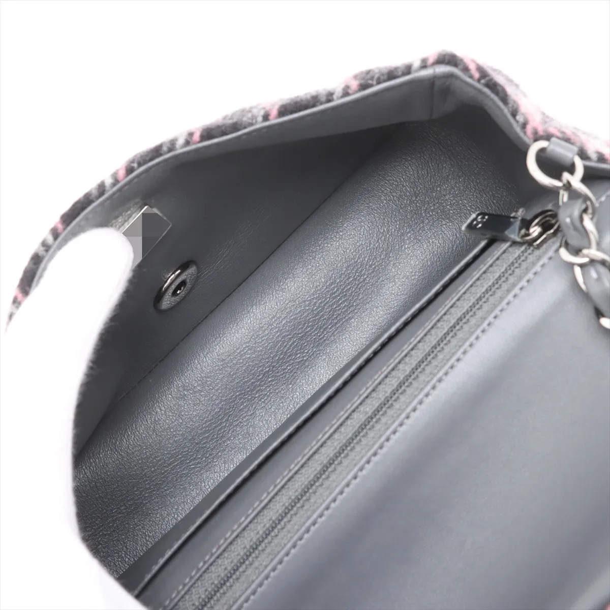 Mini Matelasse 20 Tweed x Leather Single Flap Single Chain Bag Gray Silver Hardware TH346523 Random Plate A69900 — view 6