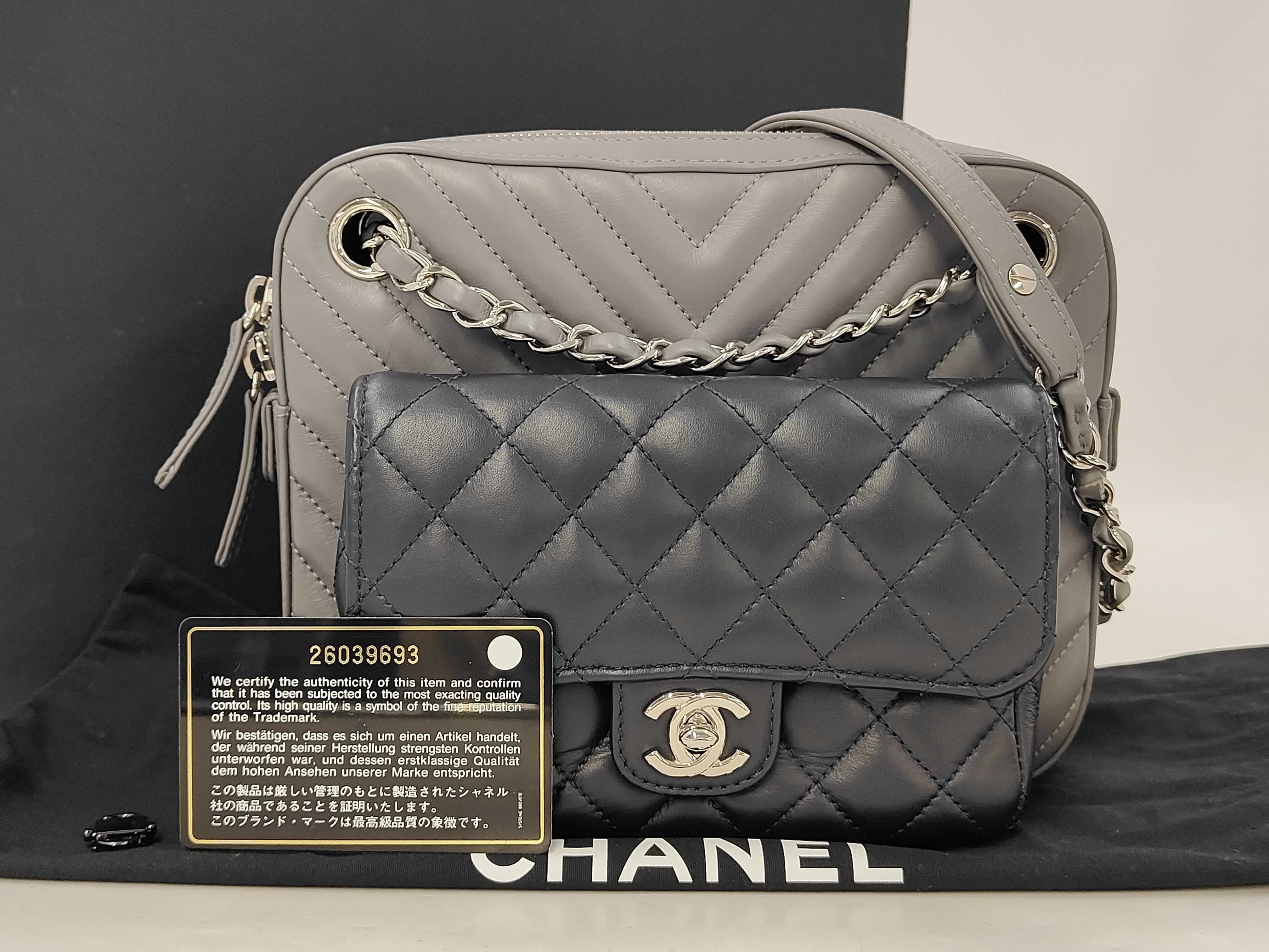 V-stitch Chain Shoulder Bag, Lambskin, Grey/Navy, SS Shoulder Bag