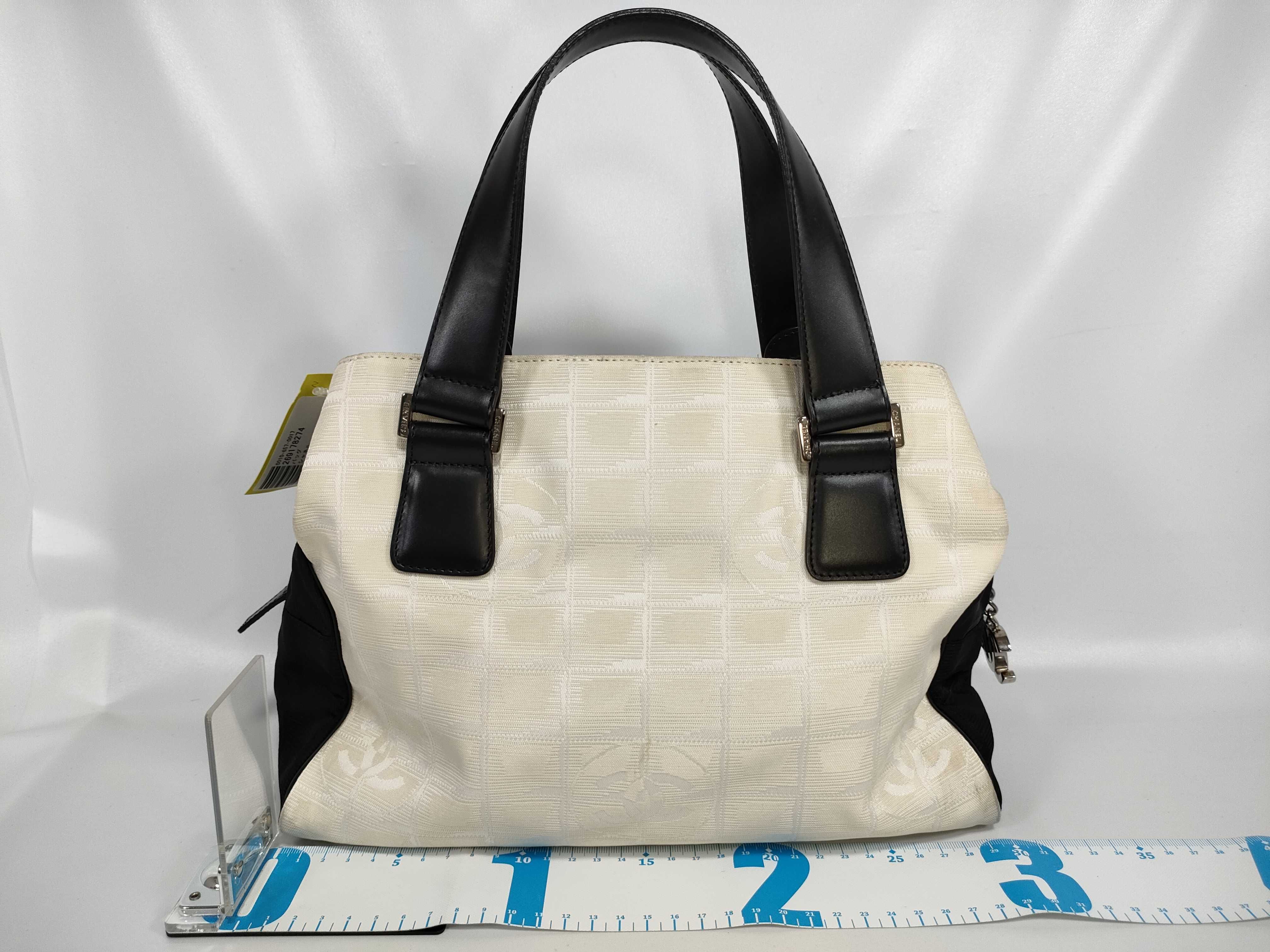 New Travel Line Handbag with Coco Mark Charm, Silver Hardware, White/Black Bicolor — view 2