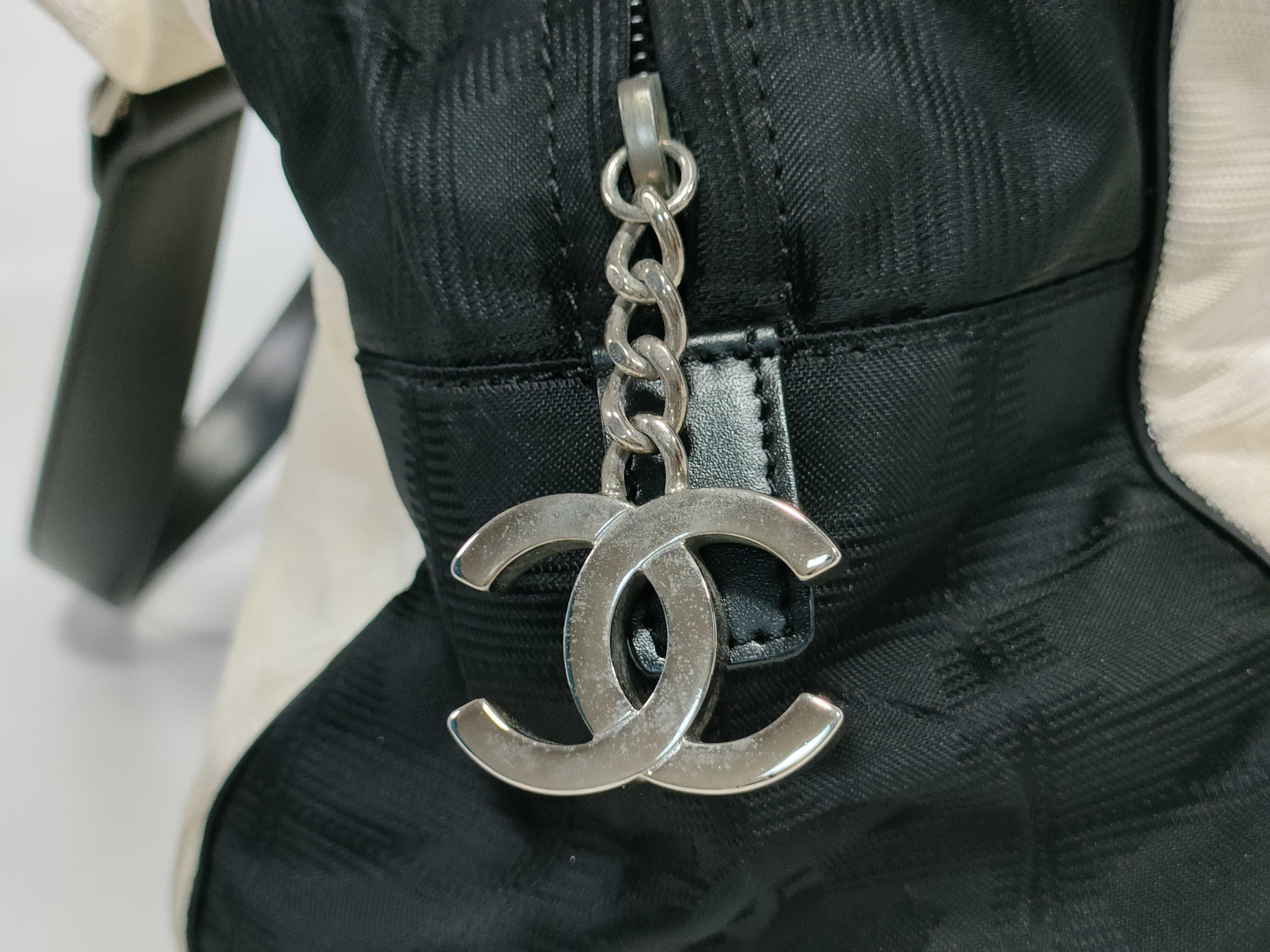 New Travel Line Handbag with Coco Mark Charm, Silver Hardware, White/Black Bicolor — view 14