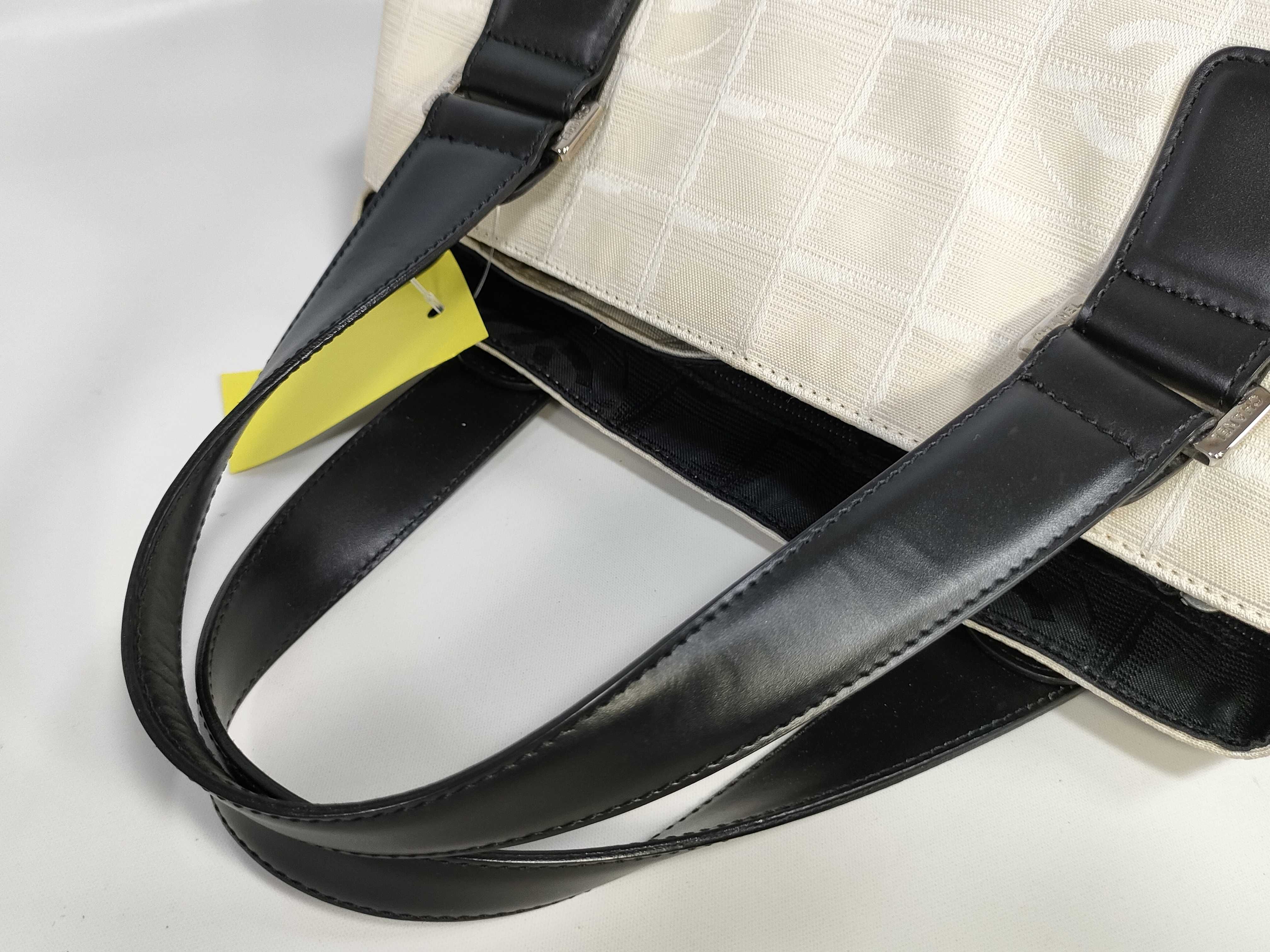 New Travel Line Handbag with Coco Mark Charm, Silver Hardware, White/Black Bicolor — view 3