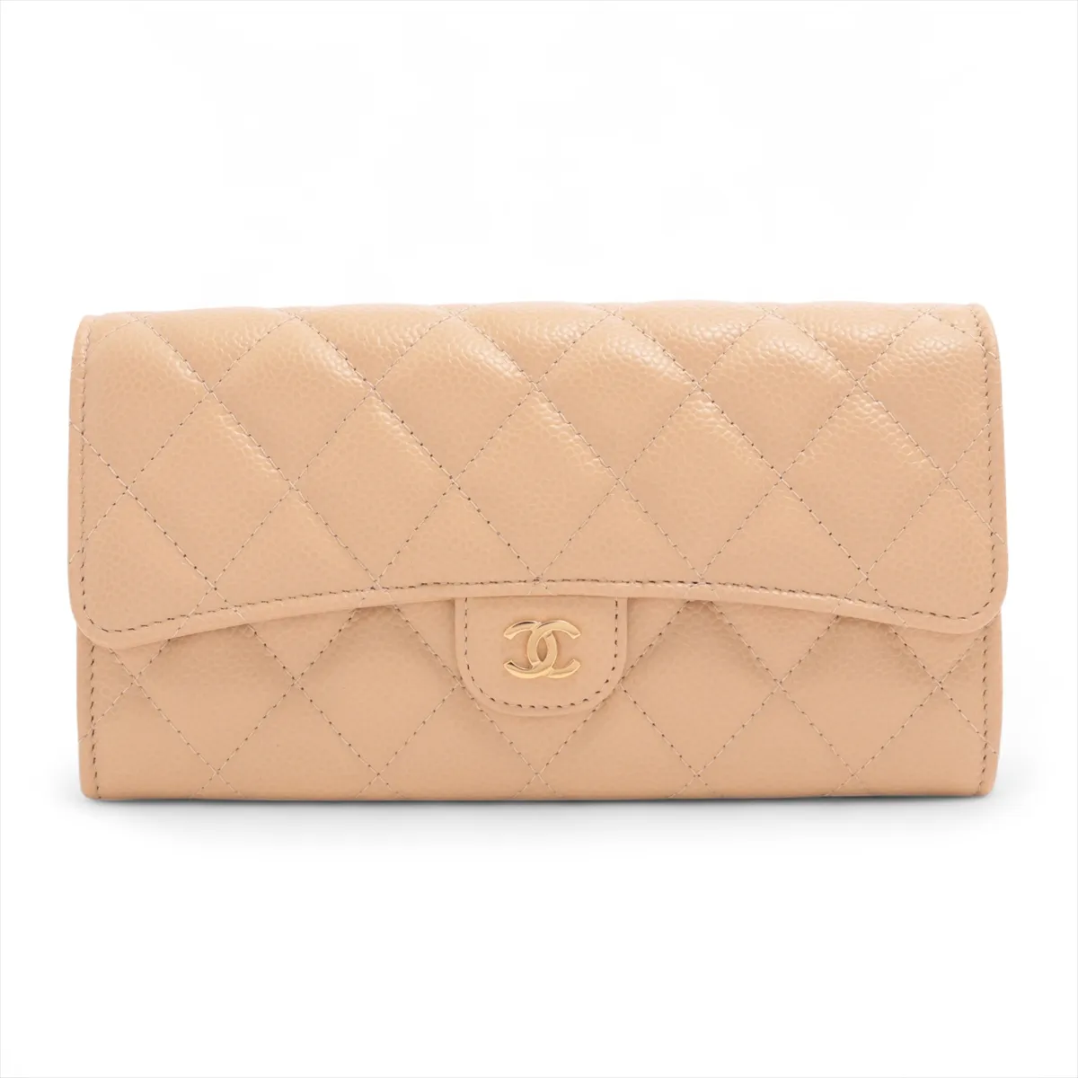 Matelassé Caviar Leather Long Wallet, Beige, Gold Hardware, 31443514