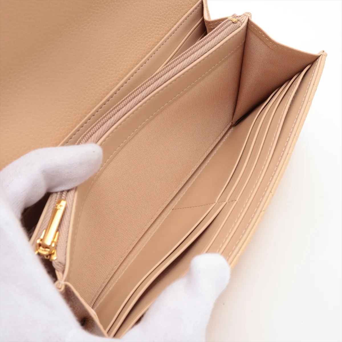 Matelassé Caviar Leather Long Wallet, Beige, Gold Hardware, 31443514 — view 6