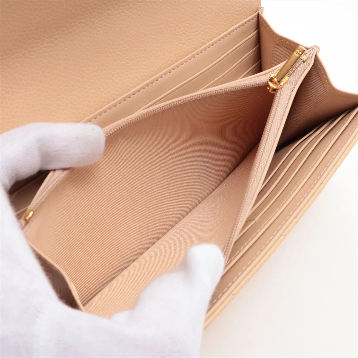 Matelassé Caviar Leather Long Wallet, Beige, Gold Hardware, 31443514 — view 8