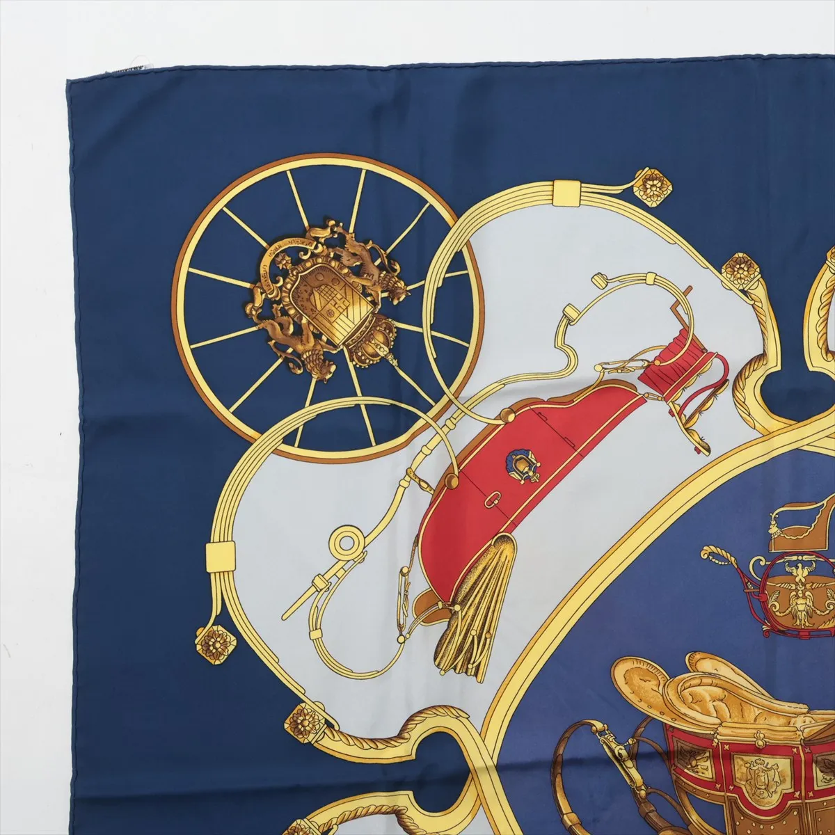 Carre 90 Springs scarf, silk, navy. Shows signs of wear, including loose threads, — view 2