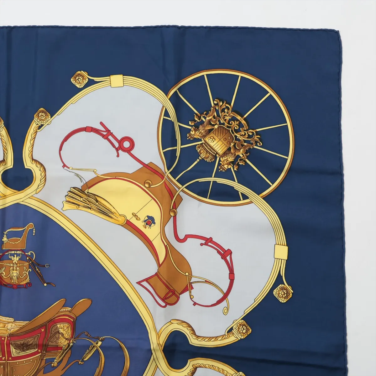 Carre 90 Springs scarf, silk, navy. Shows signs of wear, including loose threads, — view 3