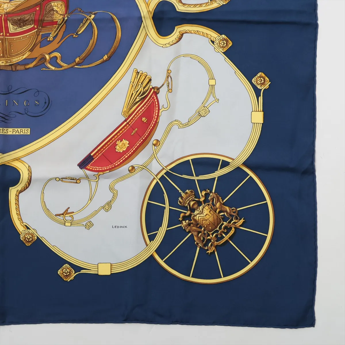 Carre 90 Springs scarf, silk, navy. Shows signs of wear, including loose threads, — view 4