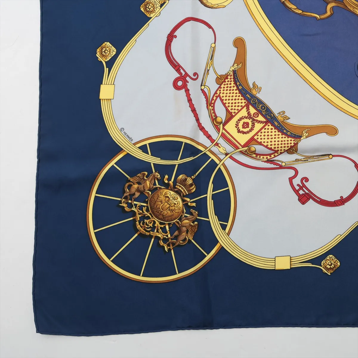 Carre 90 Springs scarf, silk, navy. Shows signs of wear, including loose threads, — view 5