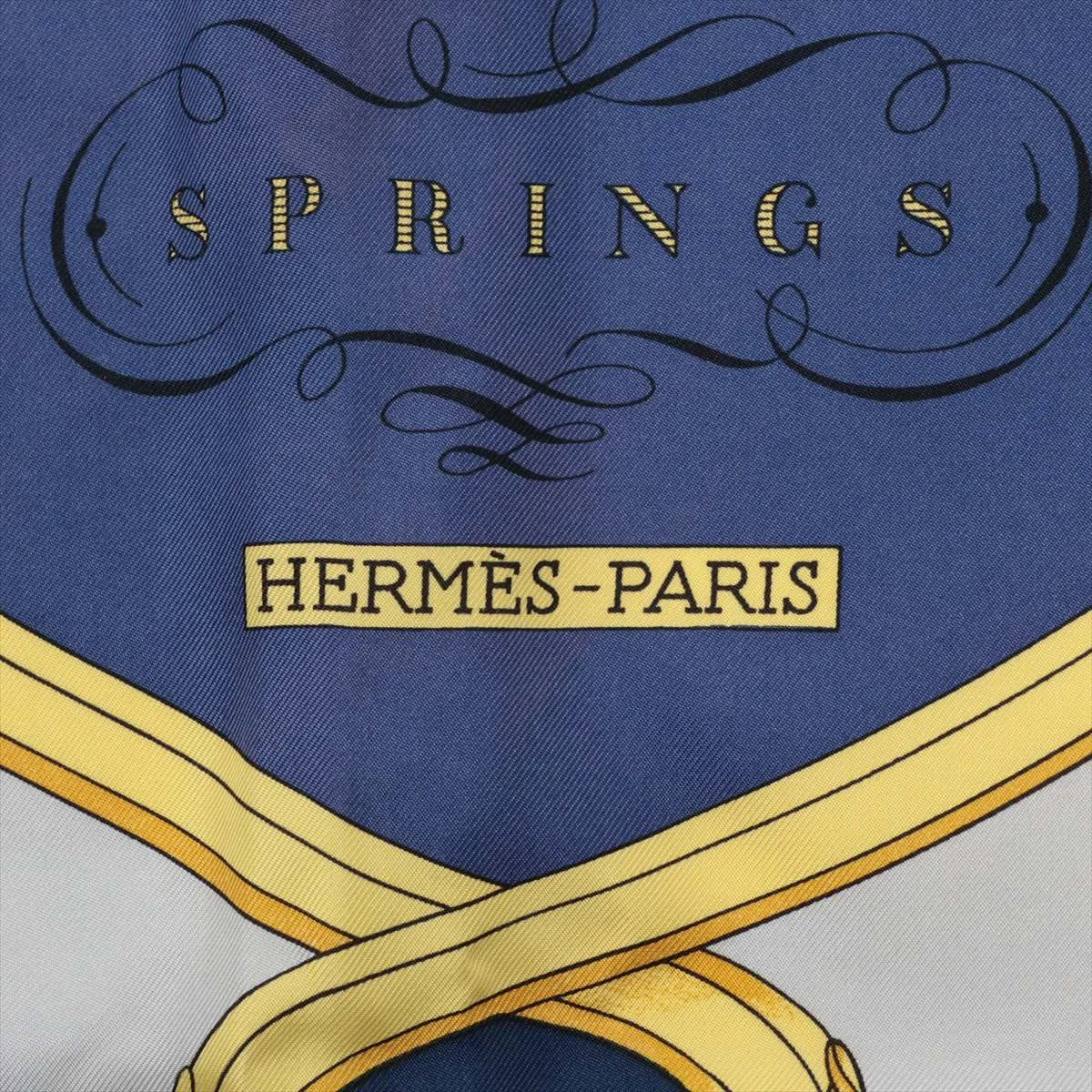 Carre 90 Springs scarf, silk, navy. Shows signs of wear, including loose threads, — view 6