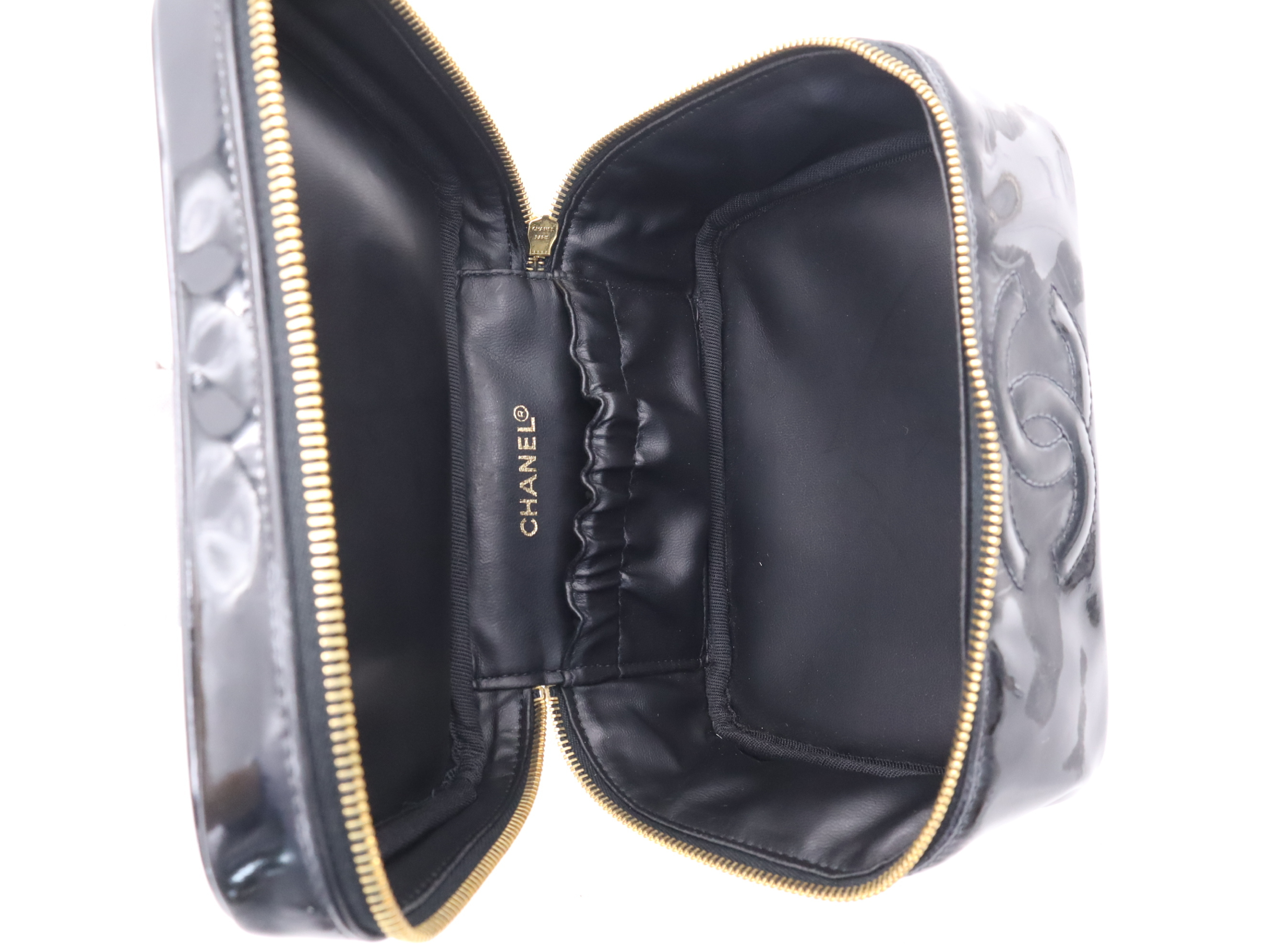 Enamel Coco Mark Vanity Bag, Black, Gold Hardware, with Seal, Handbag — view 11