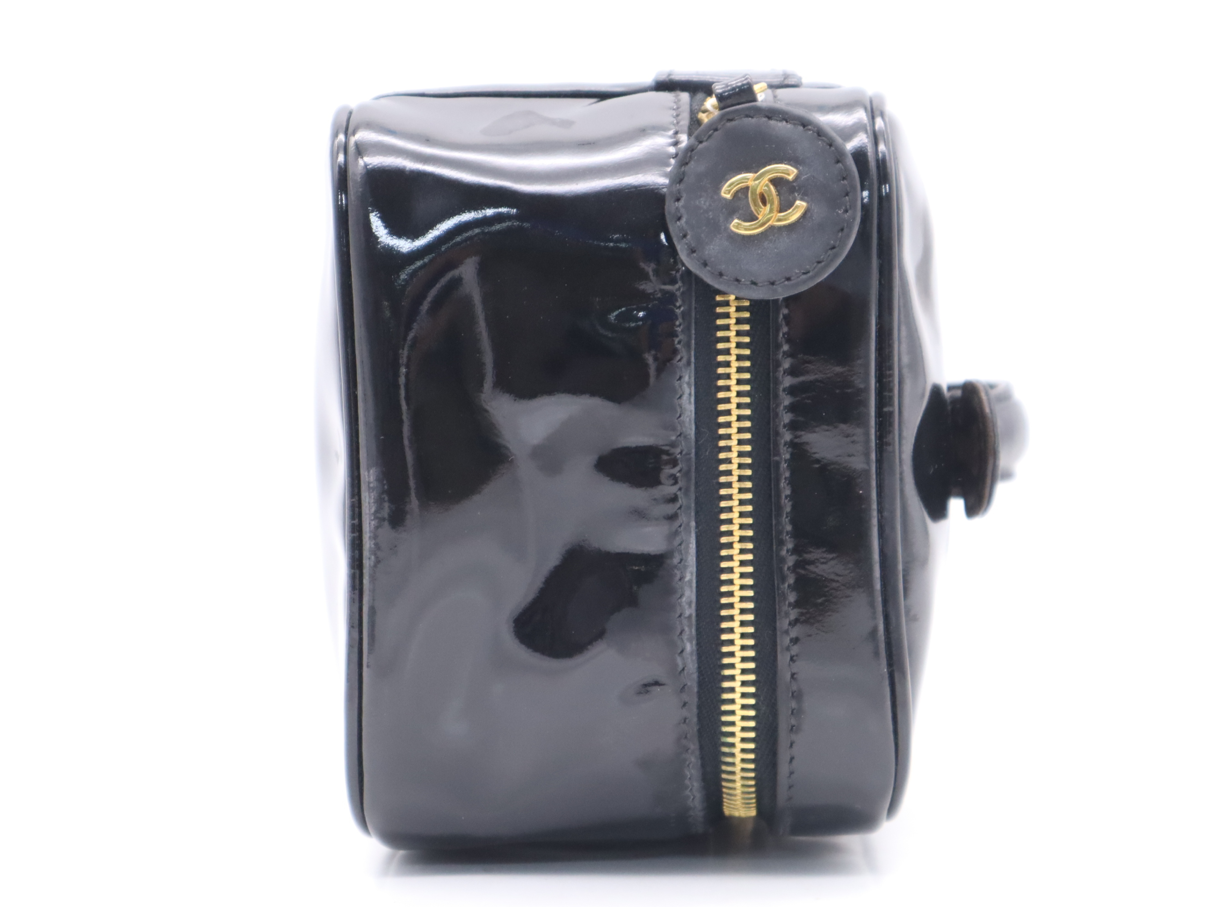 Enamel Coco Mark Vanity Bag, Black, Gold Hardware, with Seal, Handbag — view 5