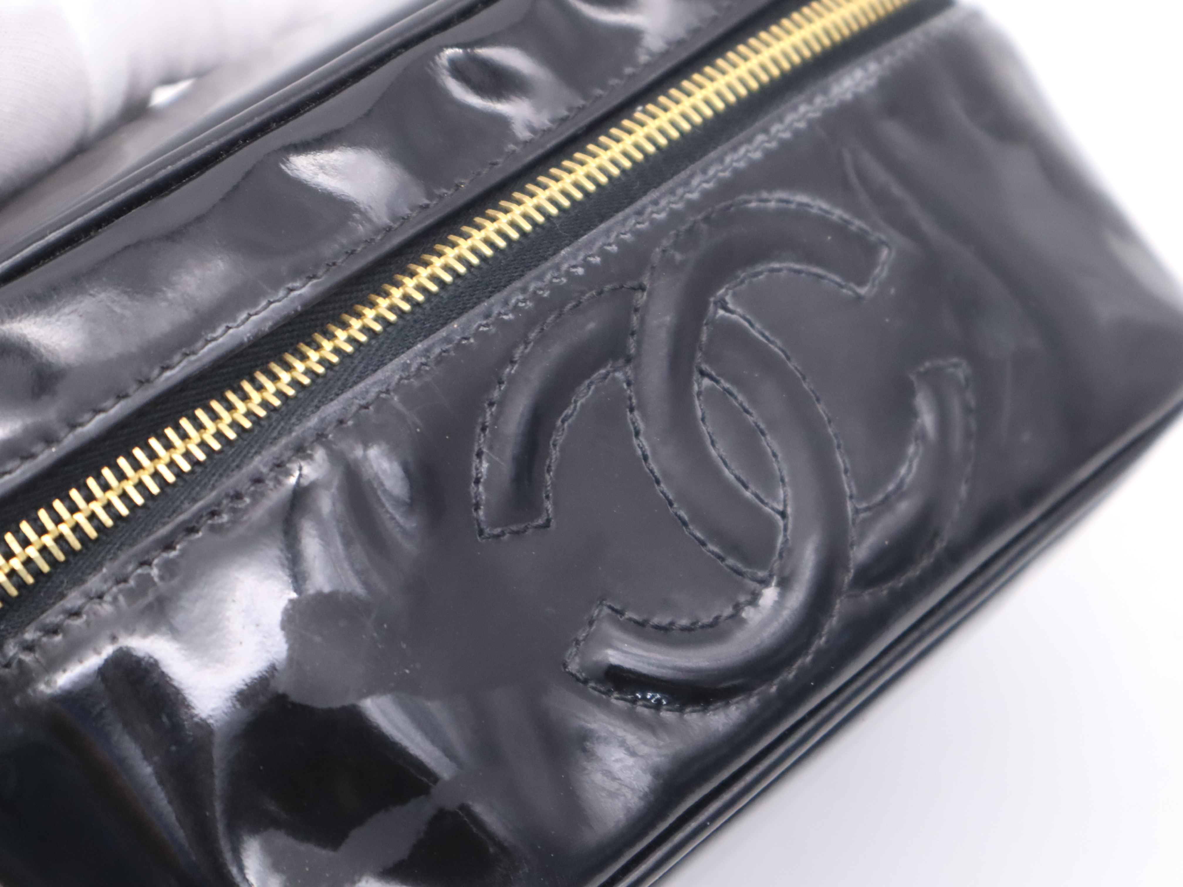 Enamel Coco Mark Vanity Bag, Black, Gold Hardware, with Seal, Handbag — view 9