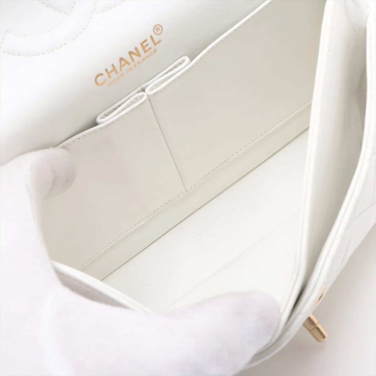 Matelassé 25 Lambskin Double Flap Double Chain Bag, White with Gold Hardware, 6358922, Series 6, A01112 — view 8