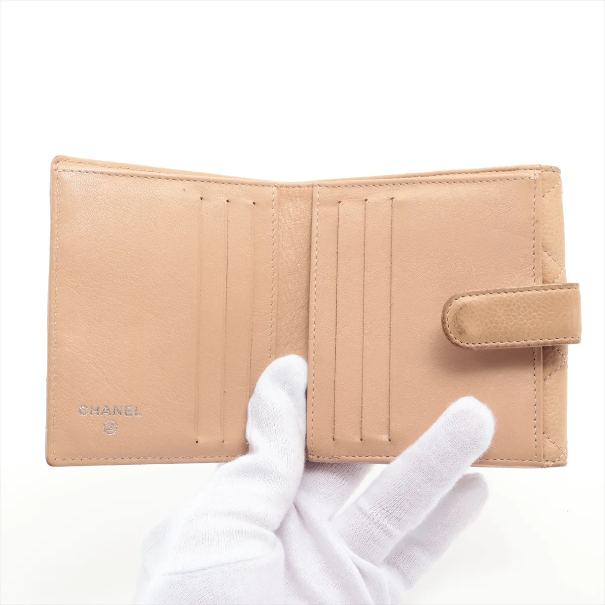 Matelasse caviar skin compact wallet beige gold hardware — view 3