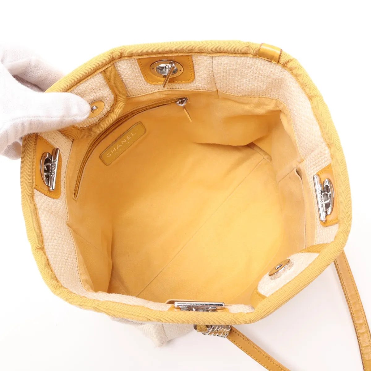 Deauville PM Canvas Chain Tote Bag, Yellow, Silver Hardware, 21908386, Serial Number 21 — view 7