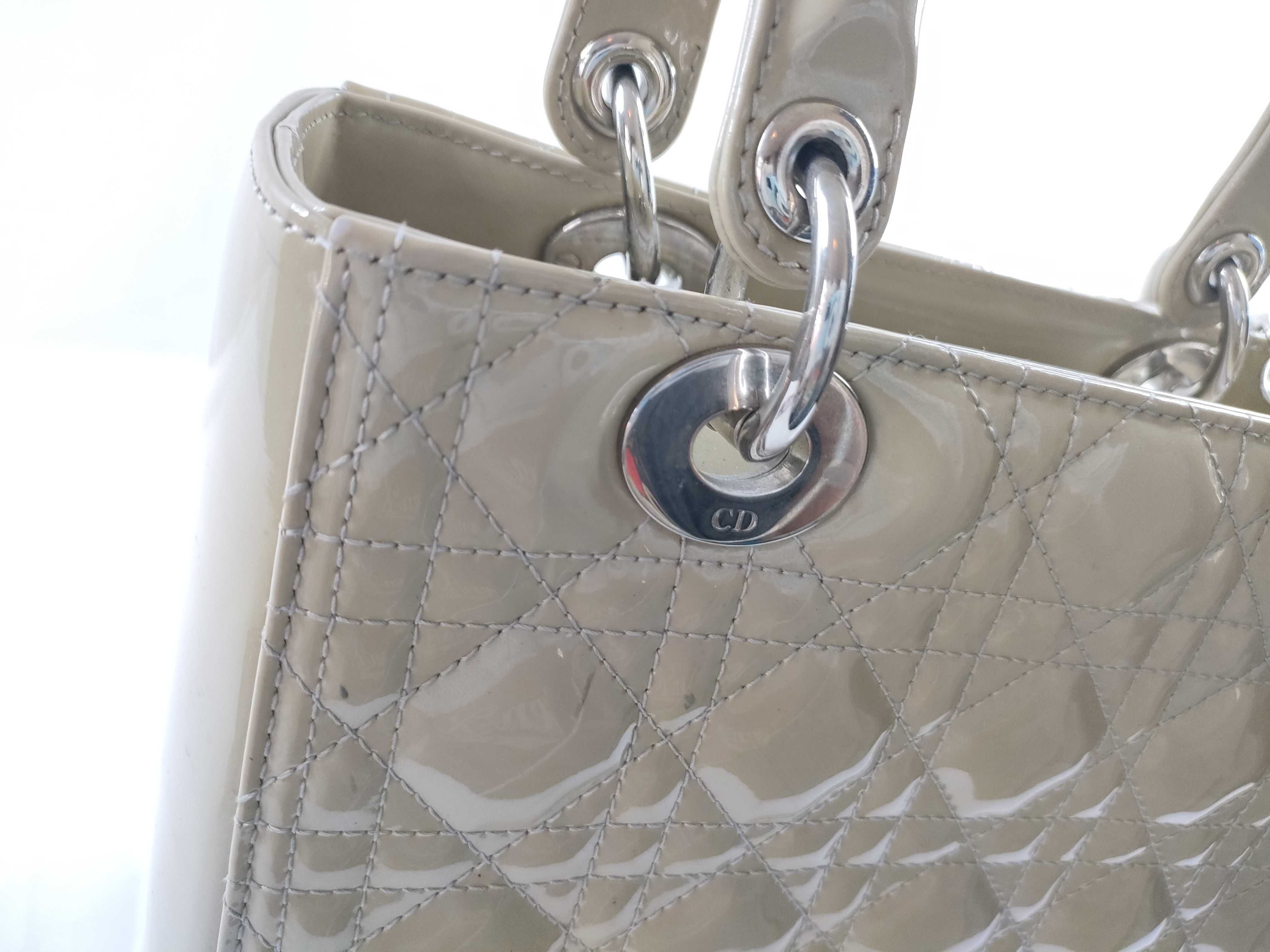 Lady Dior Christian Lady Patent Leather Beige Silver Handbag — view 7