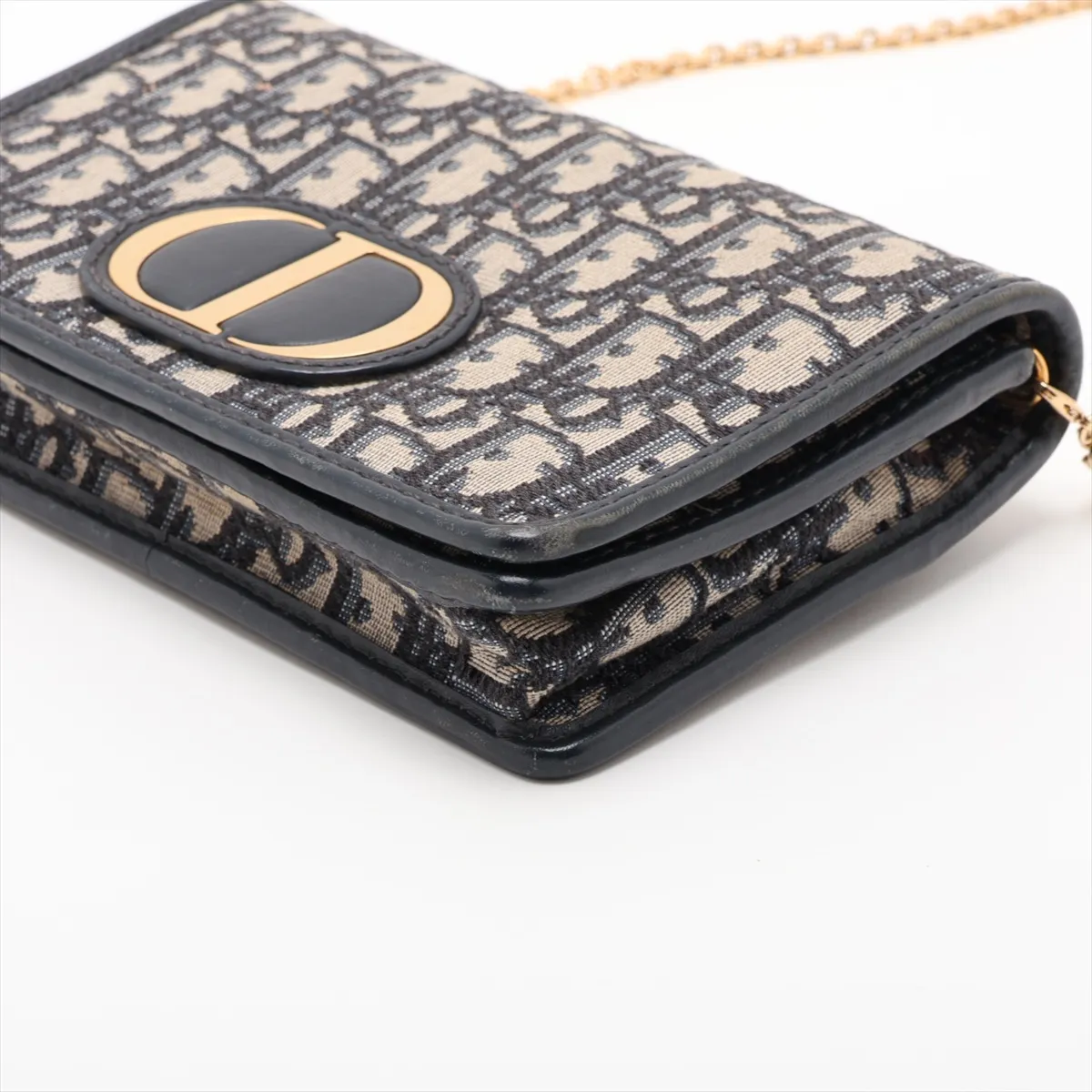 Oblique Canvas x Leather Chain Wallet, Navy — view 3