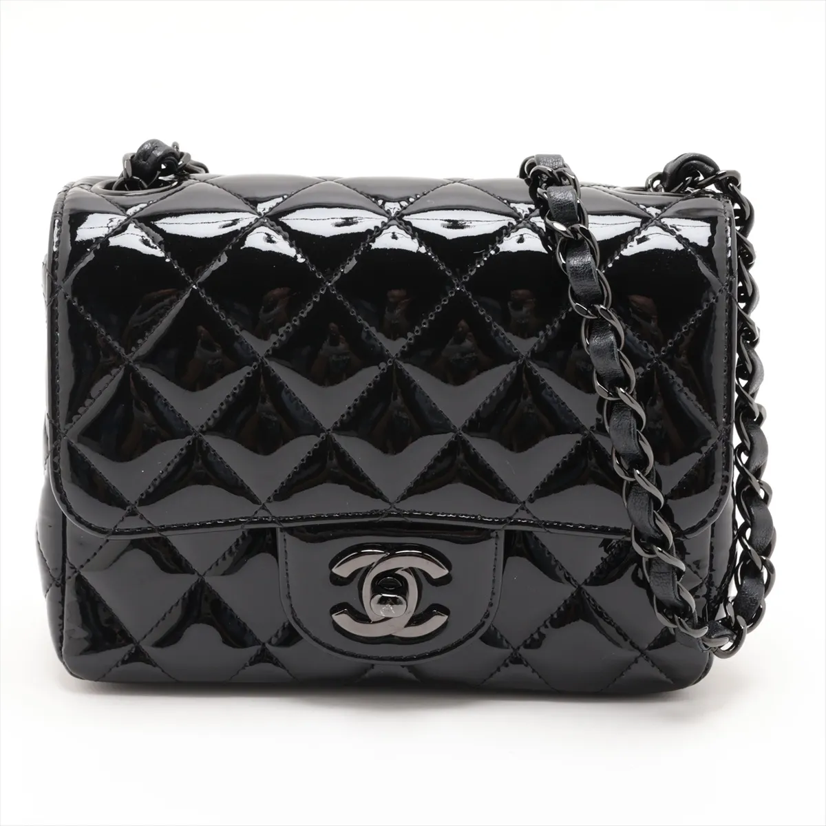 Mini Matelassé 17 Patent Leather Single Flap Single Chain Bag, Black with Black Hardware, P3PH63E6, Random Plate, A35200
