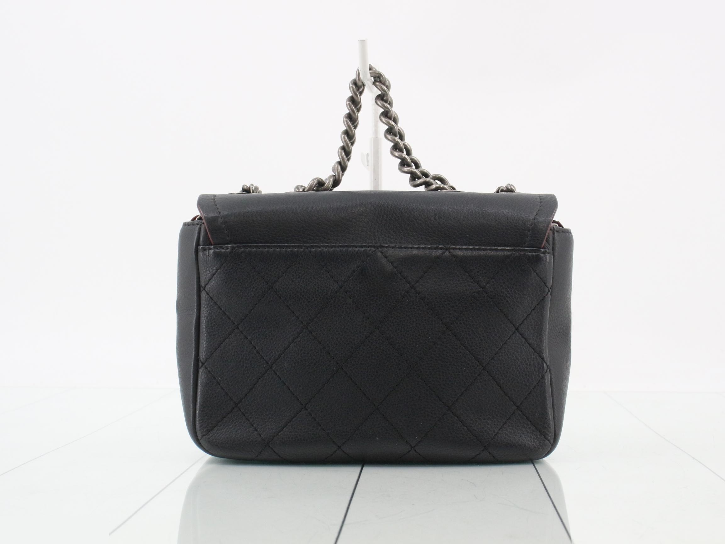 Leather Turnlock Chain Shoulder Bag, Black — view 2