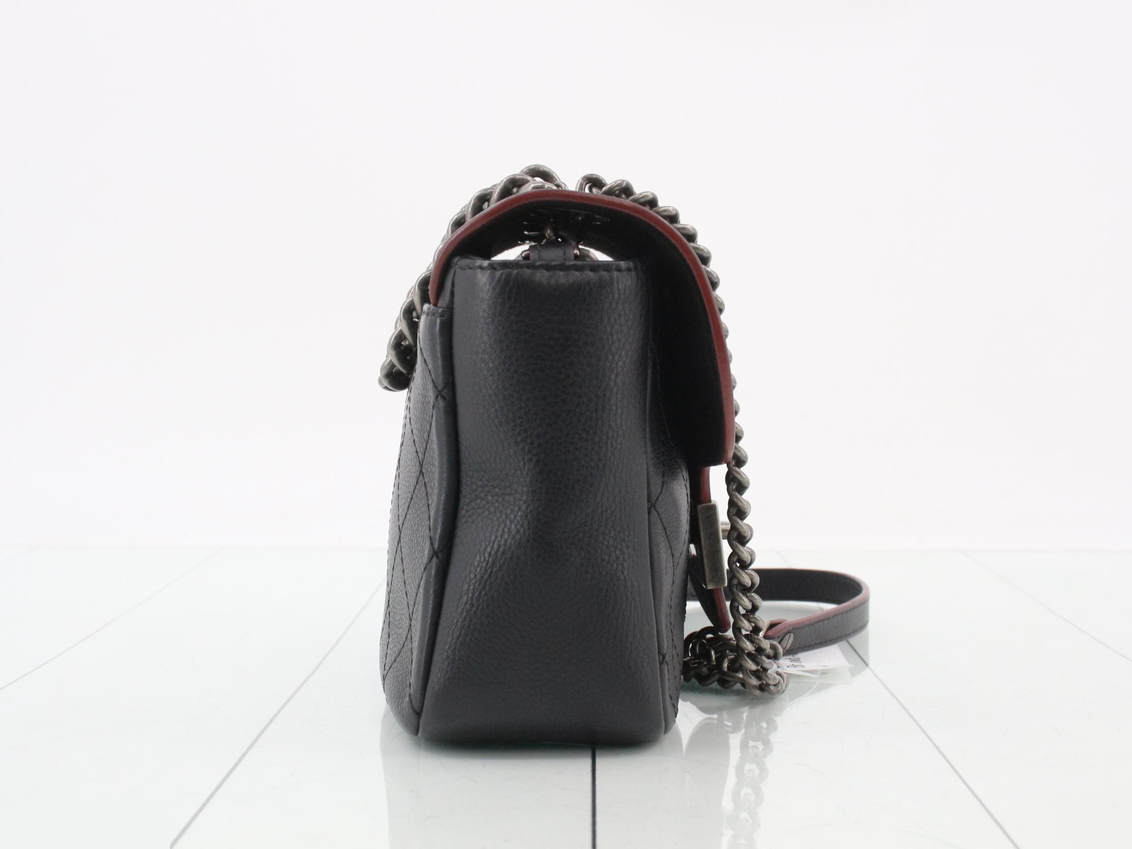 Leather Turnlock Chain Shoulder Bag, Black — view 4