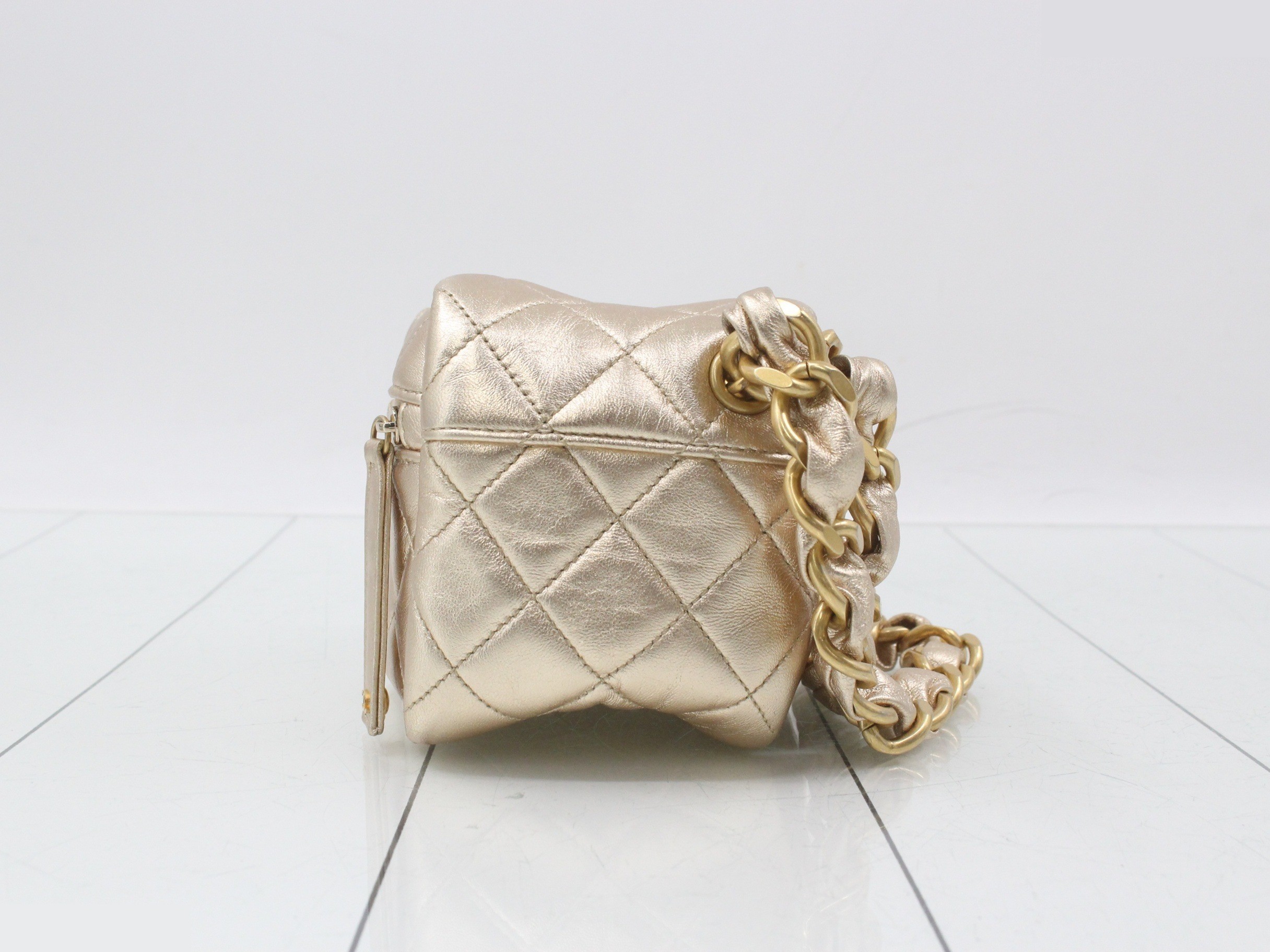 Matelassé Leather Square Chain Clutch Handbag, Gold — view 2