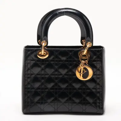 Cannage Lady Dior Leather Handbag, Black