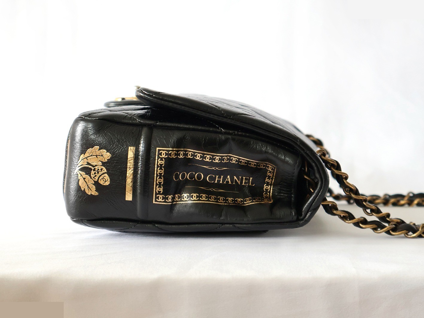 Matelassé Vintage Calf Double Chain Shoulder Bag, Black — view 7