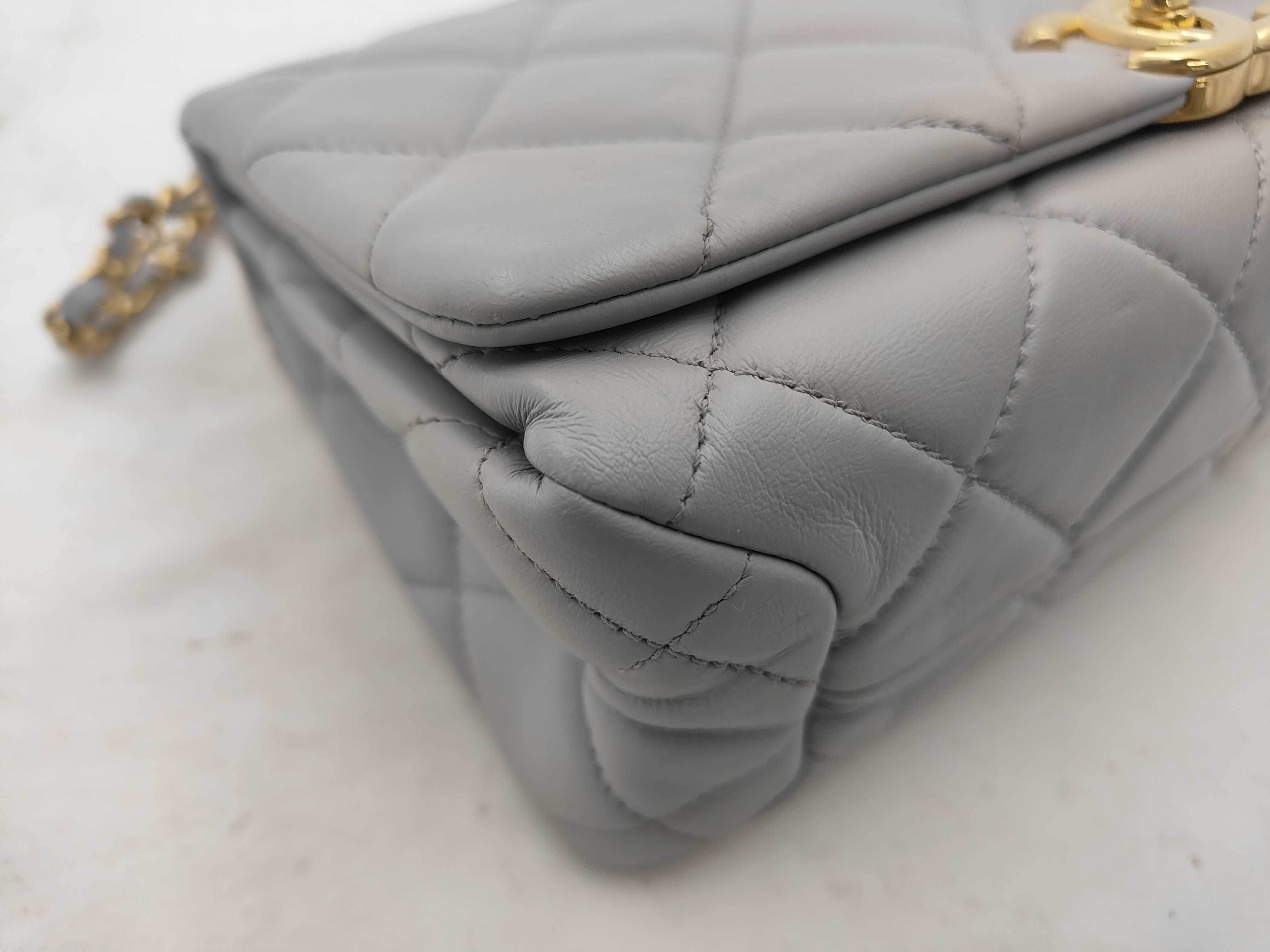 Matelassé Chain Shoulder Bag, Lambskin, Grey — view 6