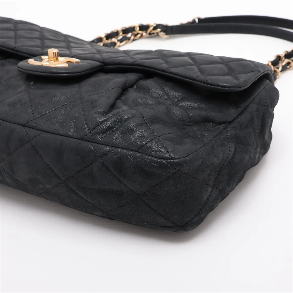 Matelassé Coated Leather Single Flap Double Chain Bag, Black with Gold Hardware, 15942489 (Serial Number 15) — view 3