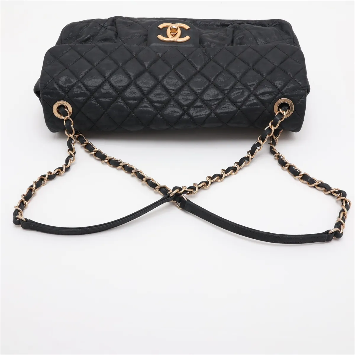 Matelassé Coated Leather Single Flap Double Chain Bag, Black with Gold Hardware, 15942489 (Serial Number 15) — view 5