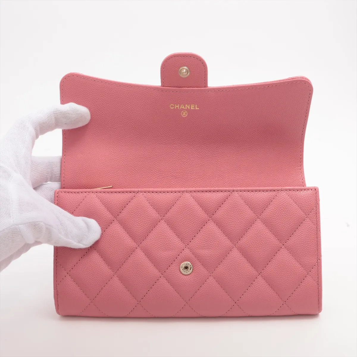 Matelassé Caviar Leather Long Wallet, Pink with Gold Hardware, LKEU3HG4 — view 3