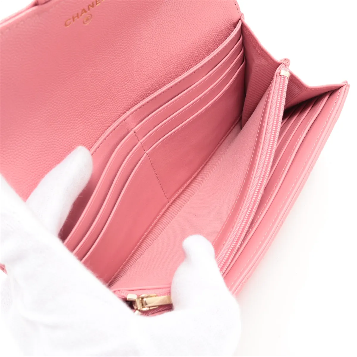 Matelassé Caviar Leather Long Wallet, Pink with Gold Hardware, LKEU3HG4 — view 5