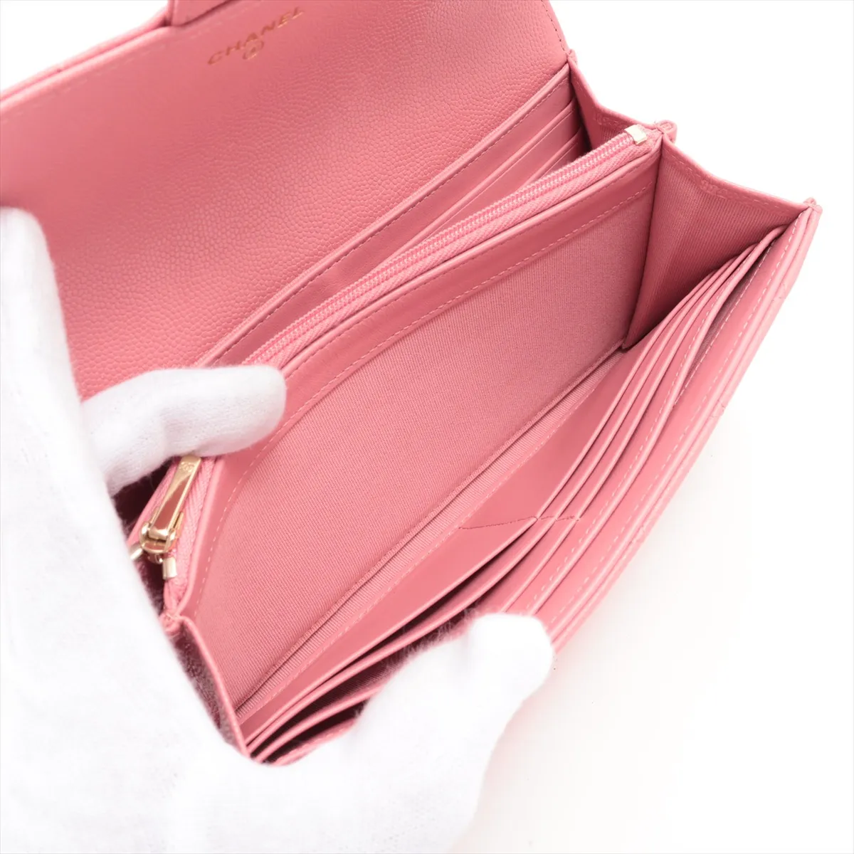 Matelassé Caviar Leather Long Wallet, Pink with Gold Hardware, LKEU3HG4 — view 6