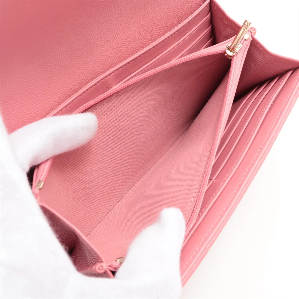 Matelassé Caviar Leather Long Wallet, Pink with Gold Hardware, LKEU3HG4 — view 8