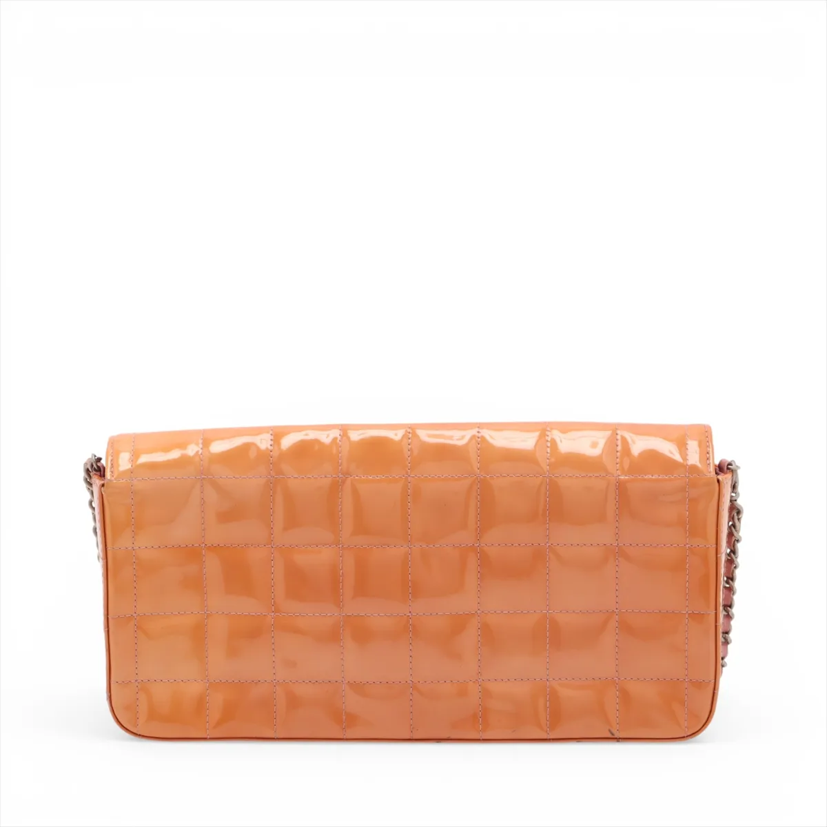Chocolate Bar Patent Leather Chain Shoulder Bag, Orange, Silver Hardware — view 2