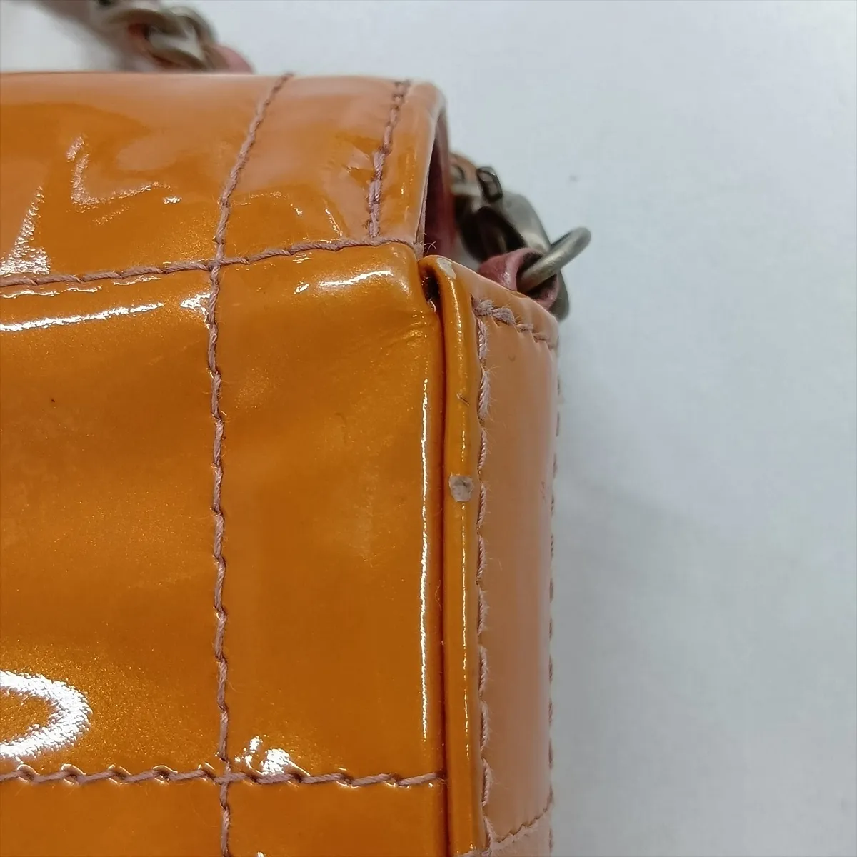 Chocolate Bar Patent Leather Chain Shoulder Bag, Orange, Silver Hardware — view 11