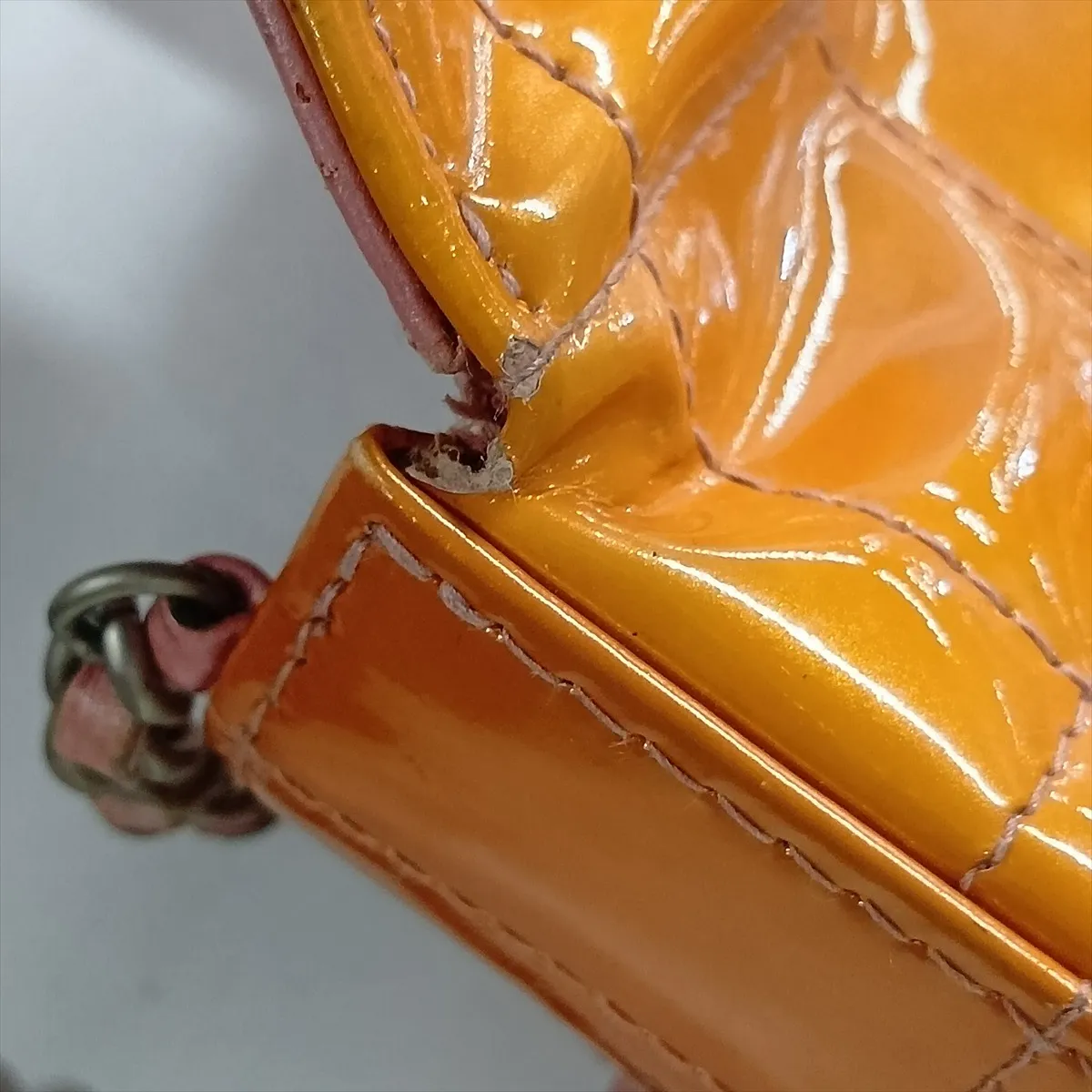 Chocolate Bar Patent Leather Chain Shoulder Bag, Orange, Silver Hardware — view 12