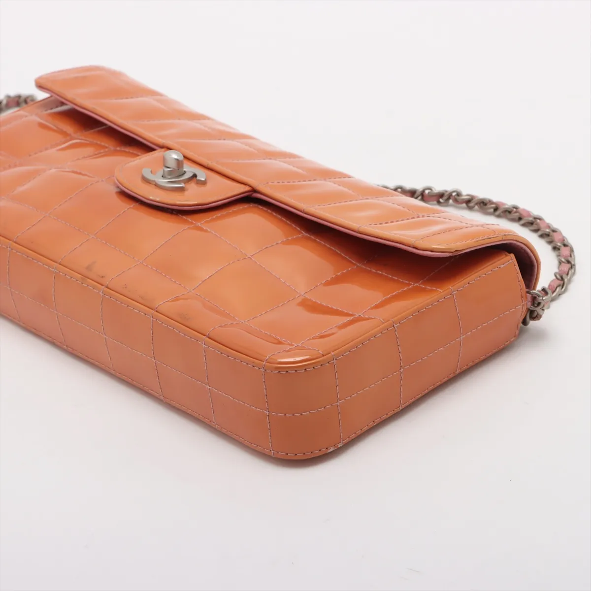 Chocolate Bar Patent Leather Chain Shoulder Bag, Orange, Silver Hardware — view 3