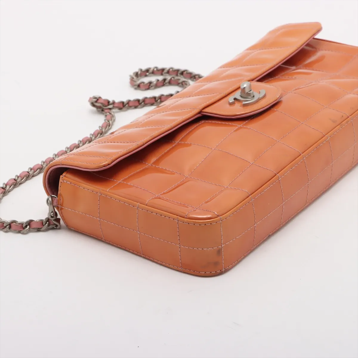 Chocolate Bar Patent Leather Chain Shoulder Bag, Orange, Silver Hardware — view 4