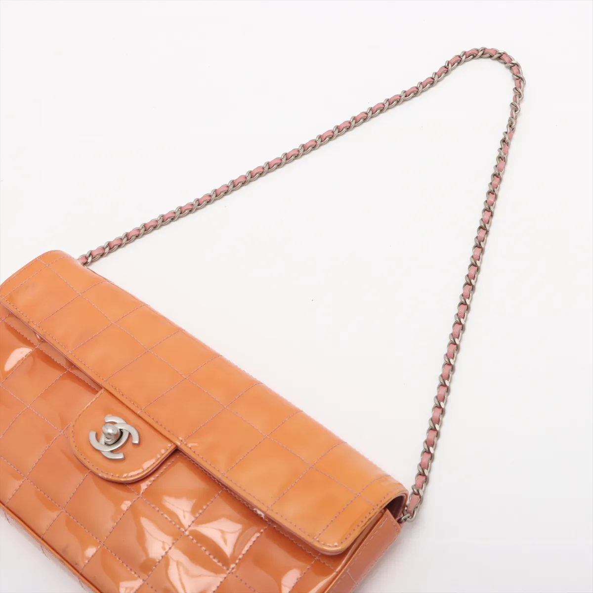 Chocolate Bar Patent Leather Chain Shoulder Bag, Orange, Silver Hardware — view 5
