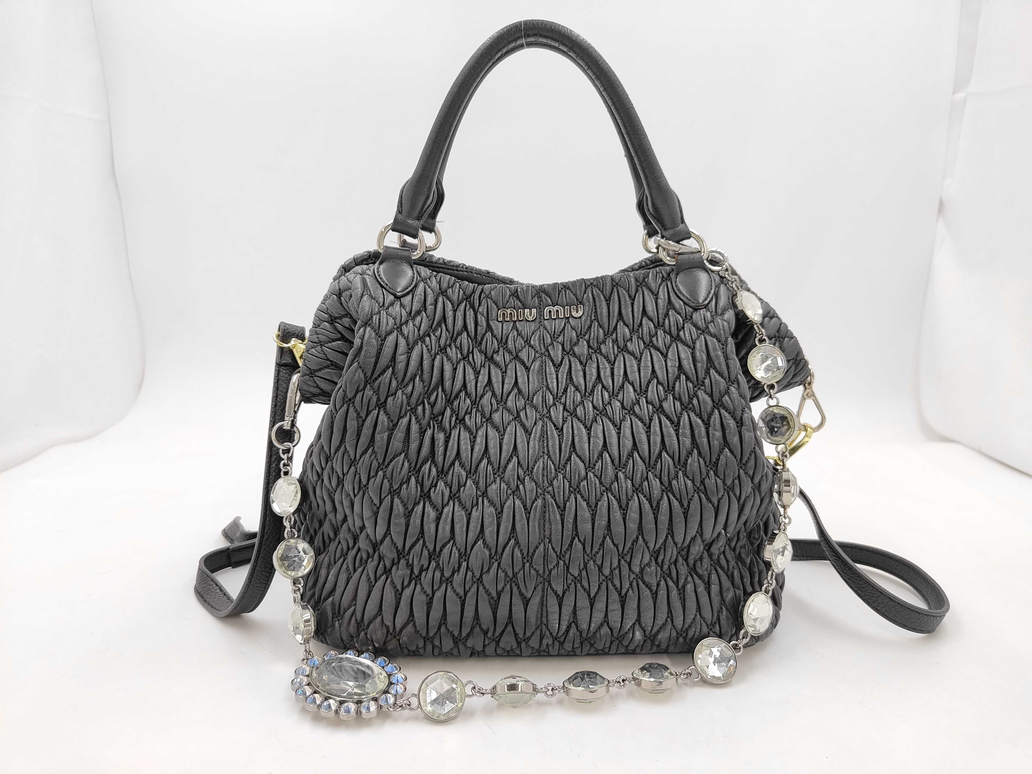 Matelassé 2-Way Bag with Long Strap, Beaded, Black Handbag