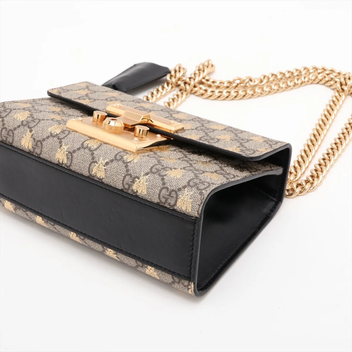 GG Supreme Bee Padlock PVC x Leather Chain Shoulder Bag, Beige x Black, 409487 — view 3