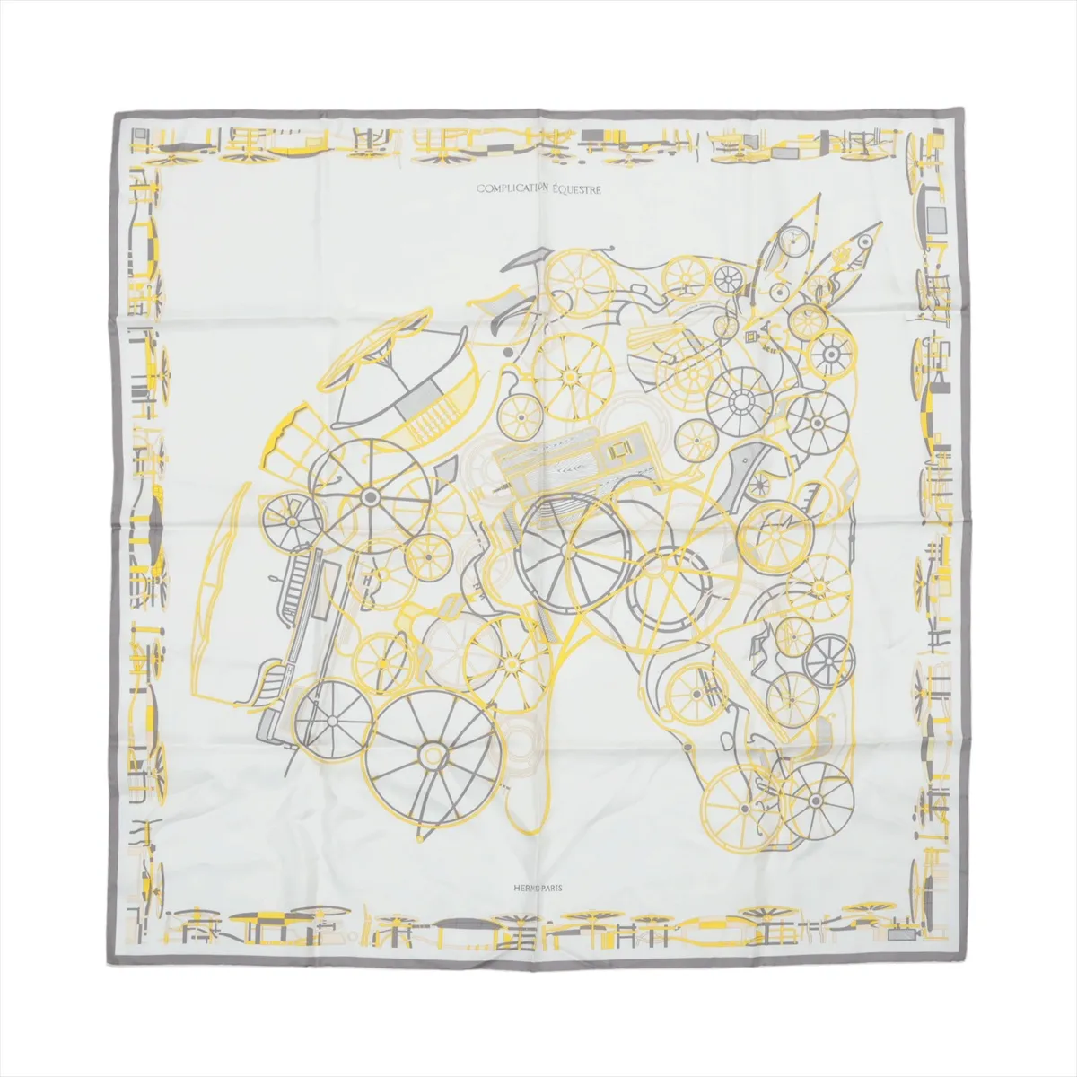 Carre 90 COMPLICATION EQUESTRE scarf, silk, white x yellow. Shows signs of wear,