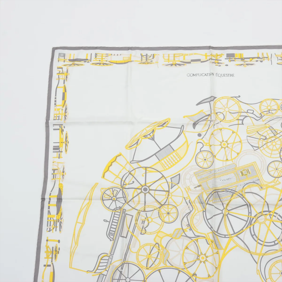 Carre 90 COMPLICATION EQUESTRE scarf, silk, white x yellow. Shows signs of wear, — view 2