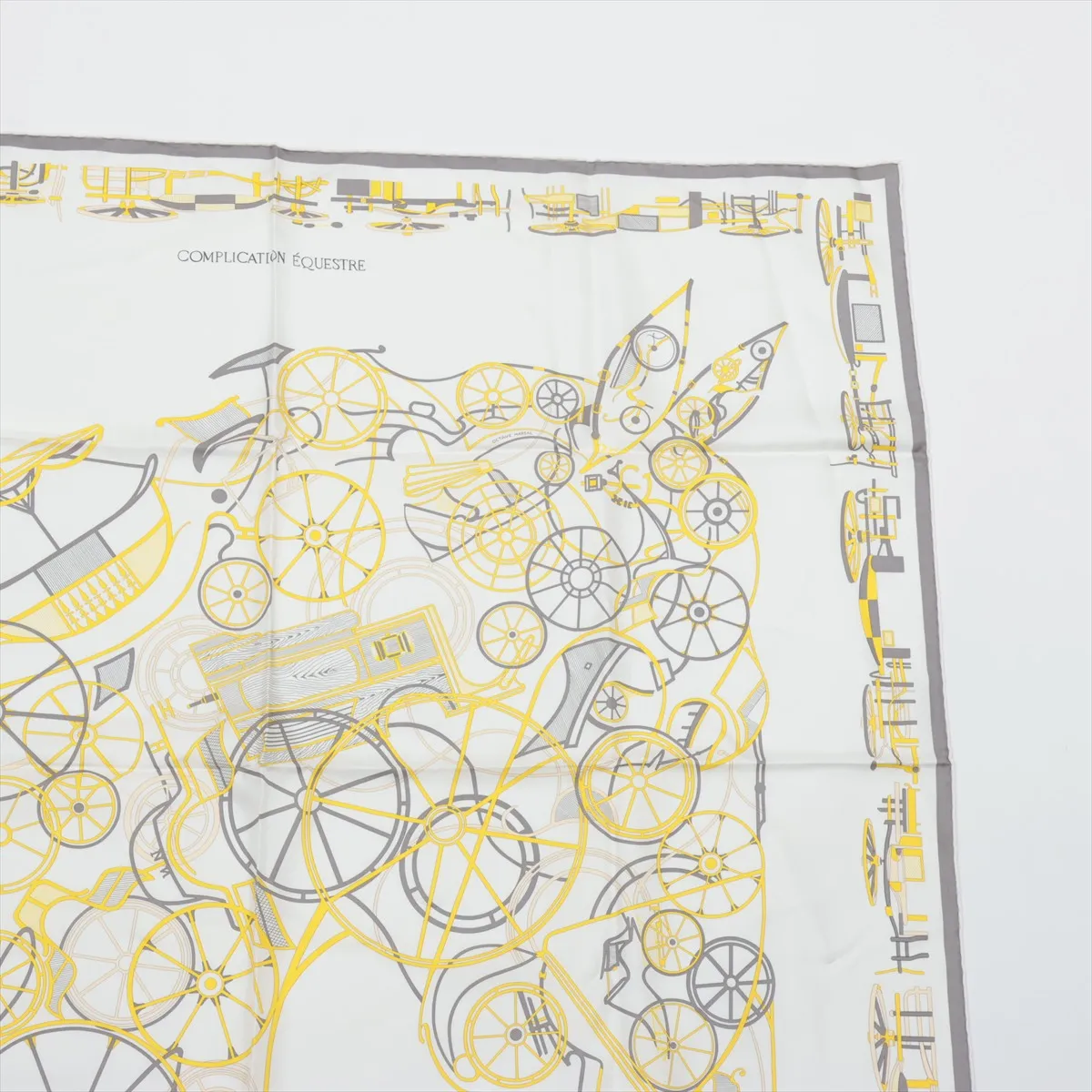 Carre 90 COMPLICATION EQUESTRE scarf, silk, white x yellow. Shows signs of wear, — view 3