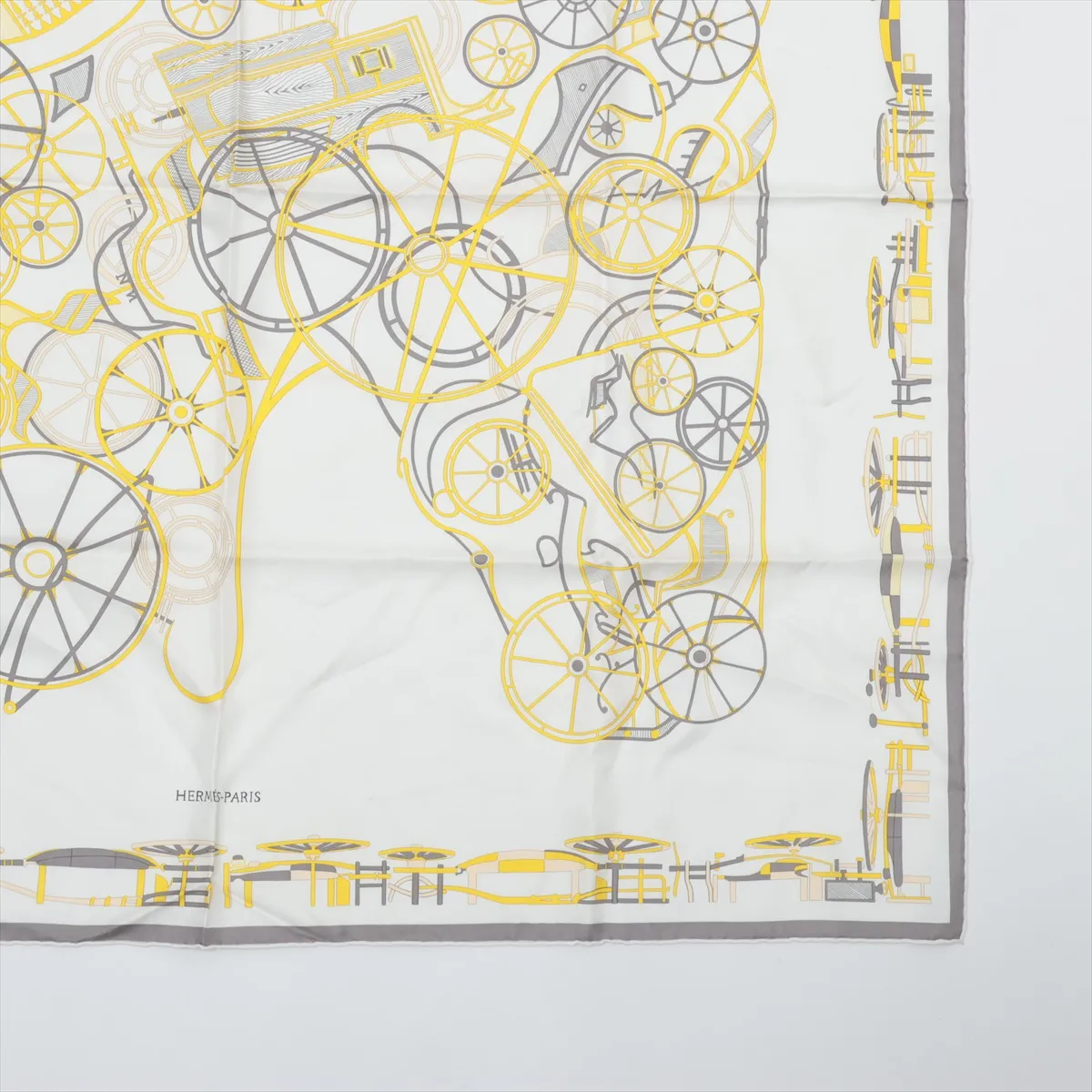 Carre 90 COMPLICATION EQUESTRE scarf, silk, white x yellow. Shows signs of wear, — view 4
