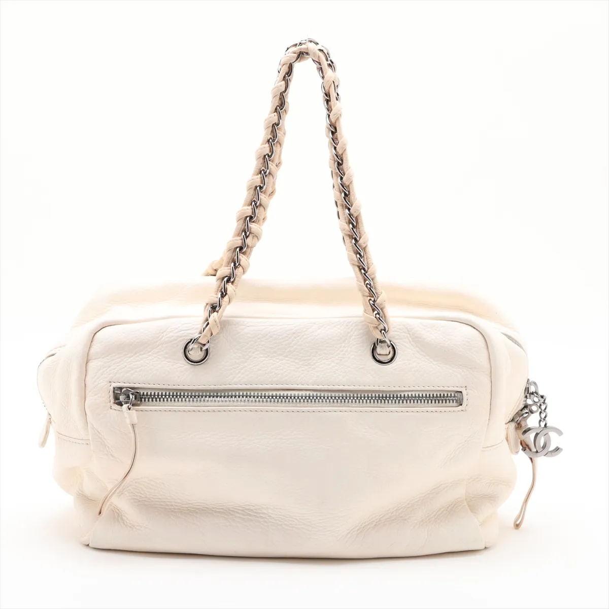 Coco Mark Leather Chain Shoulder Bag, Beige, Silver Hardware — view 2