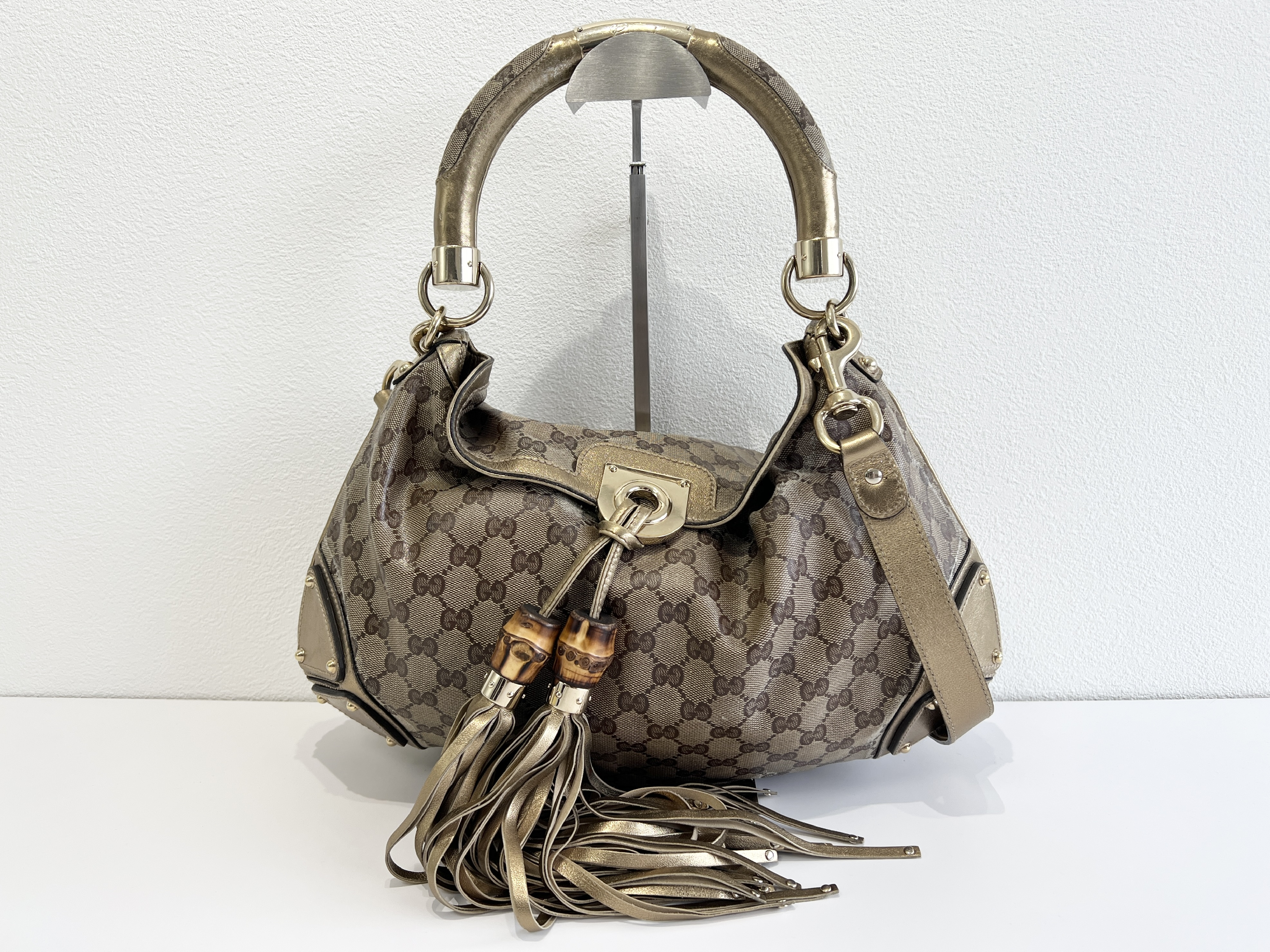 Indy Crystal GG Logo Tassel Fringe Leather 2-Way Shoulder Bag/Handbag