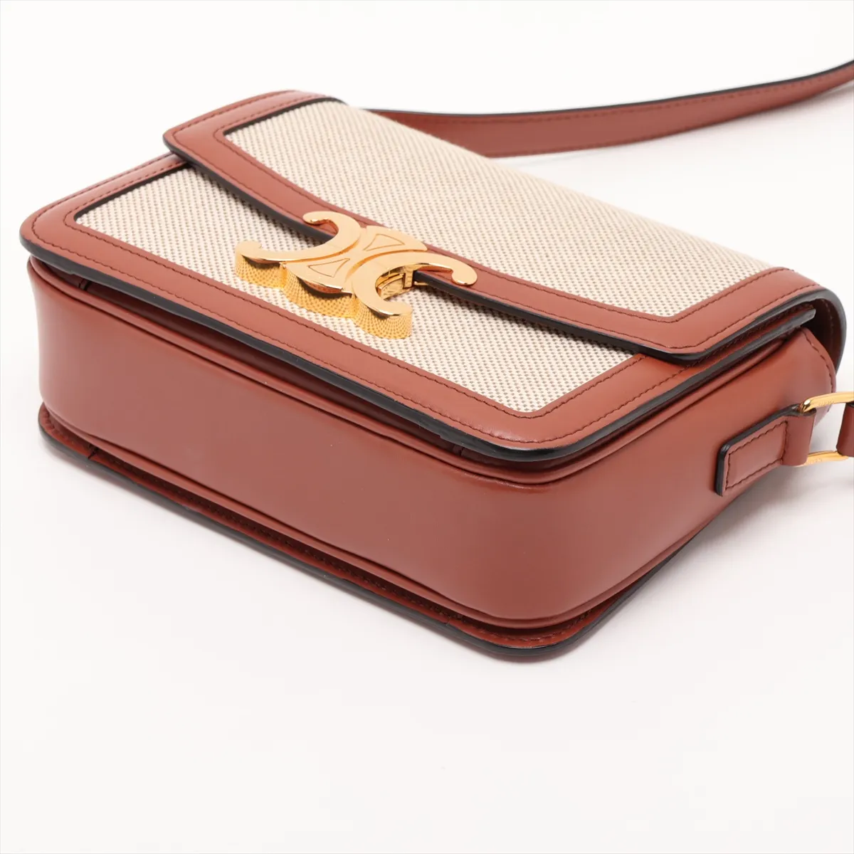 Triomphe Teen Canvas x Leather Shoulder Bag, Beige x Brown — view 3