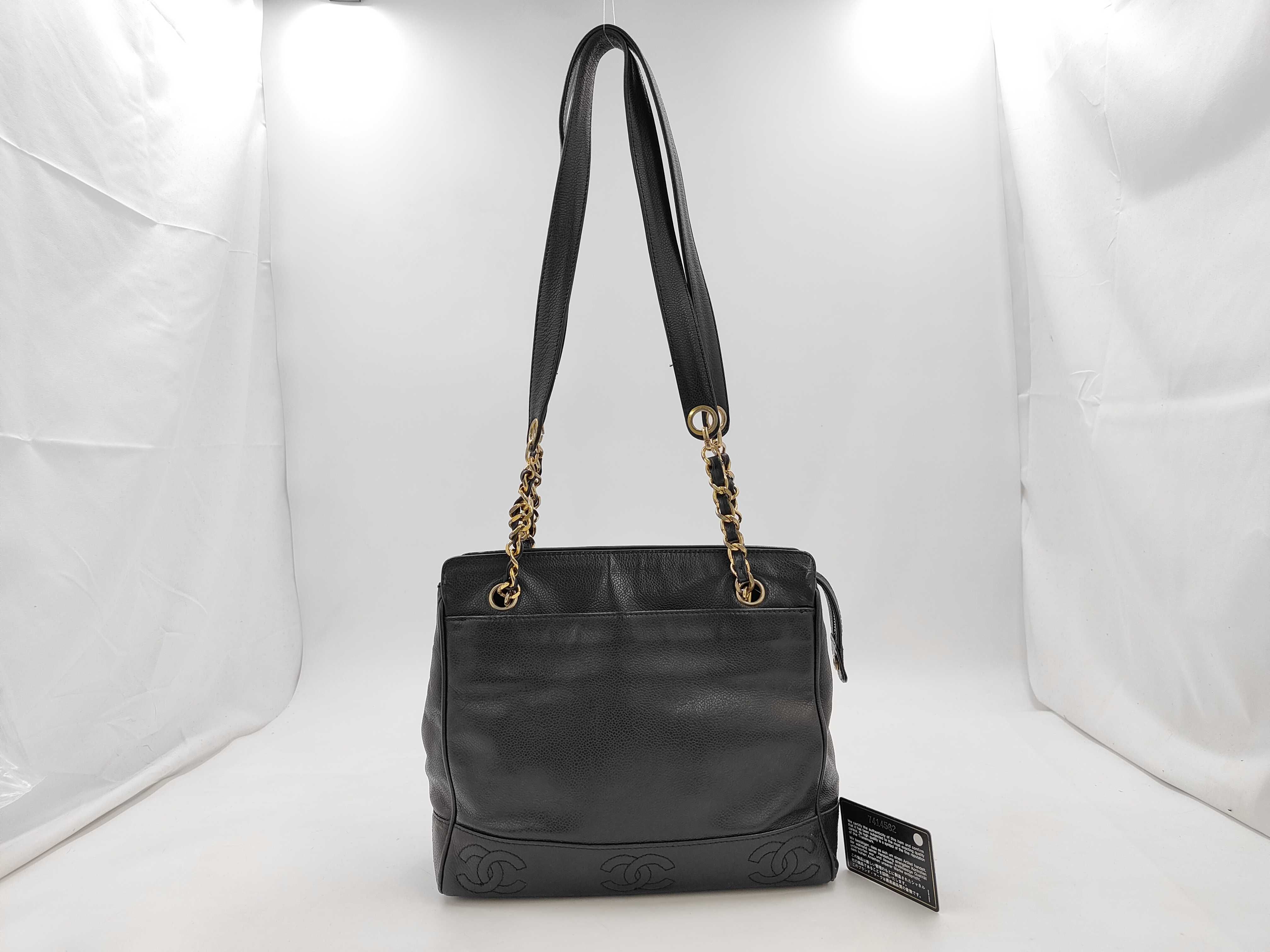 Caviar Skin Triple Coco Chain Tote Bag Black Card Tote Bag